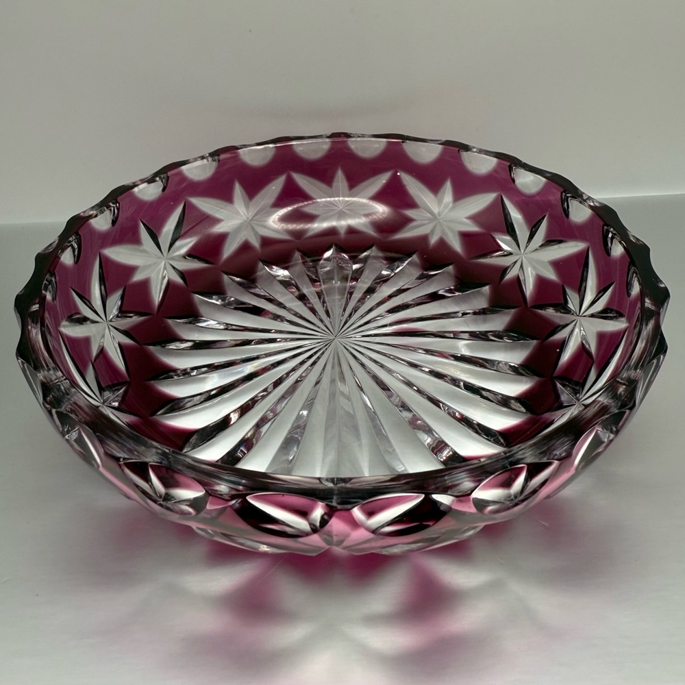 Beautiful Czech Bohemian Hand Cut Amethyst Purple Cut To Clear 6” Bowl